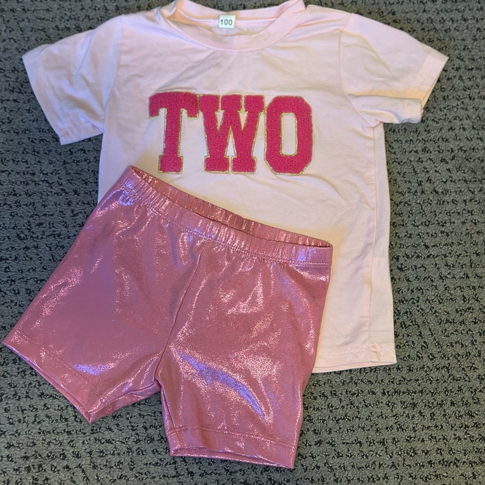 “Two” Toddler Shirt & Old Navy Sparkle Pink Toddler Shorts